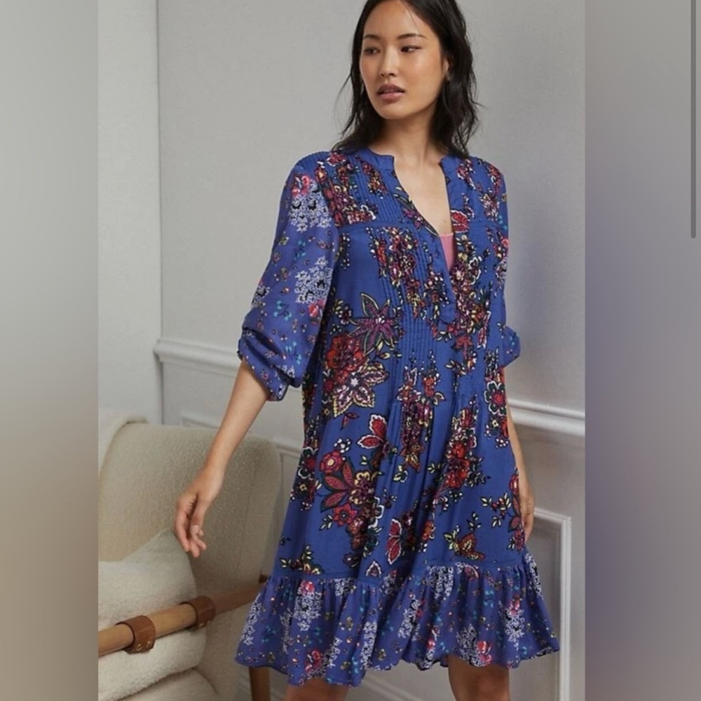 Anthropologie Diana Pintucked Short Dress Women's Casual Boho Floral Medium